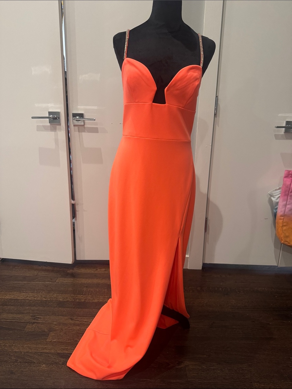 Adrianna Papell Neon Orange Beaded-Strap Prom Gown